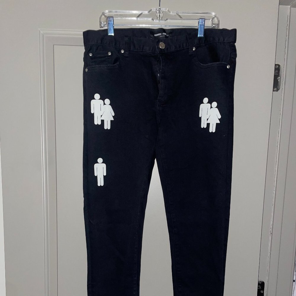 Homme Femme Men's Denim Jeans Black with White People Design with Tags